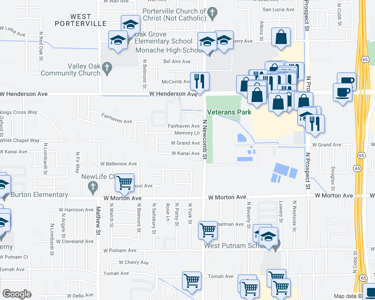 map of restaurants, bars, coffee shops, grocery stores, and more near 1660 West Kanai Avenue in Porterville