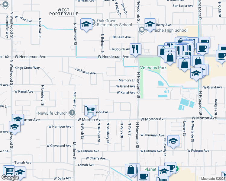 map of restaurants, bars, coffee shops, grocery stores, and more near 1750 West Kanai Avenue in Porterville