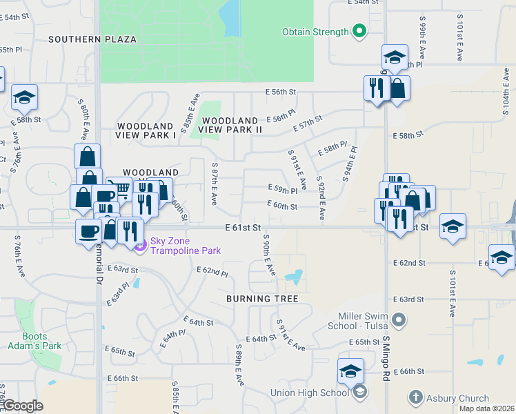 map of restaurants, bars, coffee shops, grocery stores, and more near 8912 East 60th Street in Tulsa