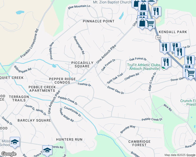 map of restaurants, bars, coffee shops, grocery stores, and more near 865 Dover Glen Drive in Nashville