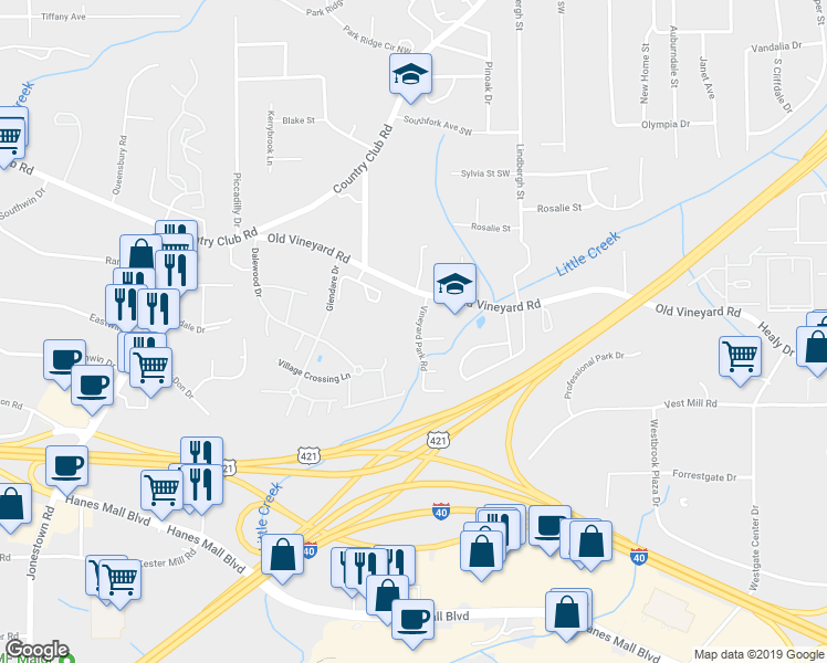 map of restaurants, bars, coffee shops, grocery stores, and more near 406 Vineyard Park Road in Winston-Salem
