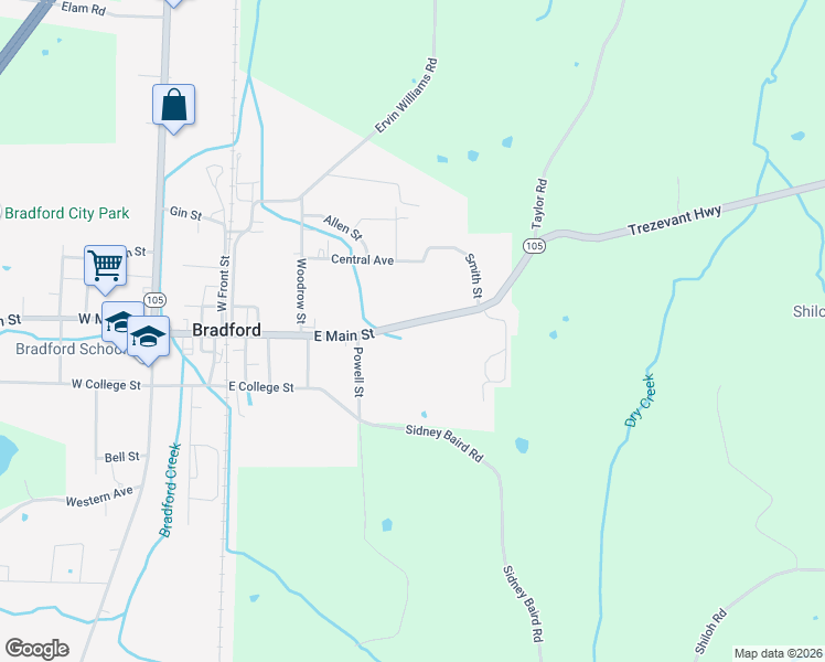 map of restaurants, bars, coffee shops, grocery stores, and more near 439 East Main Street in Bradford