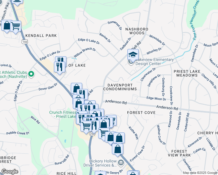 map of restaurants, bars, coffee shops, grocery stores, and more near 125 Davenport Drive in Nashville