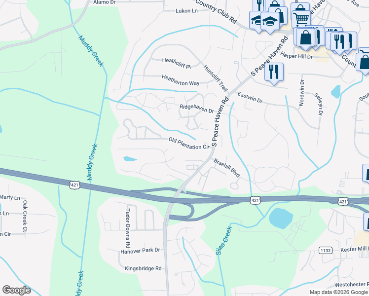 map of restaurants, bars, coffee shops, grocery stores, and more near 5129 Old Plantation Circle in Winston-Salem