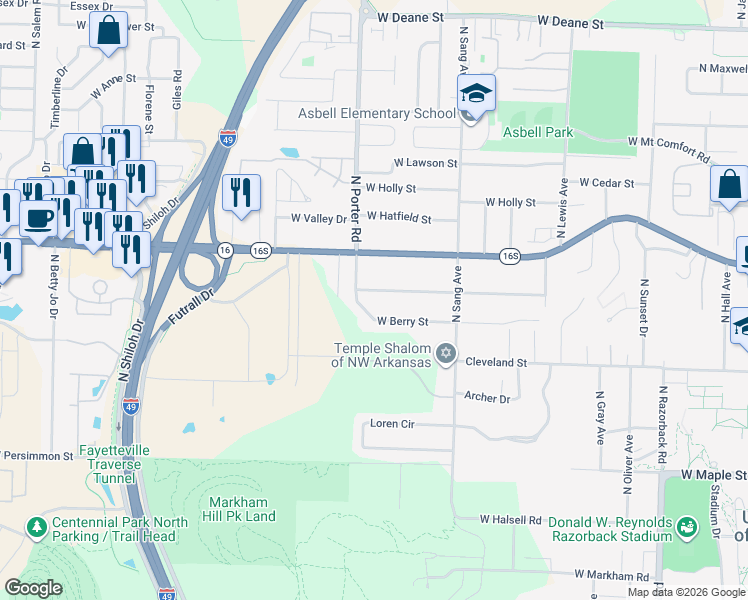 map of restaurants, bars, coffee shops, grocery stores, and more near 2349 West Ora Drive in Fayetteville