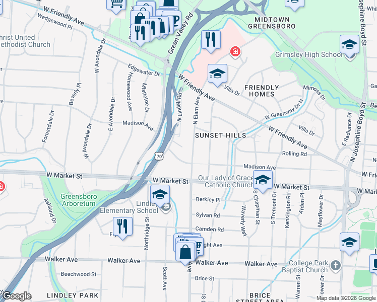 map of restaurants, bars, coffee shops, grocery stores, and more near 209 North Elam Avenue in Greensboro