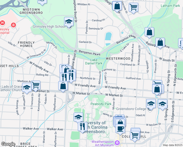 map of restaurants, bars, coffee shops, grocery stores, and more near 308 Aberdeen Terrace in Greensboro