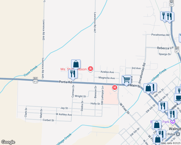 map of restaurants, bars, coffee shops, grocery stores, and more near 201 Colonial Drive in Walnut Ridge