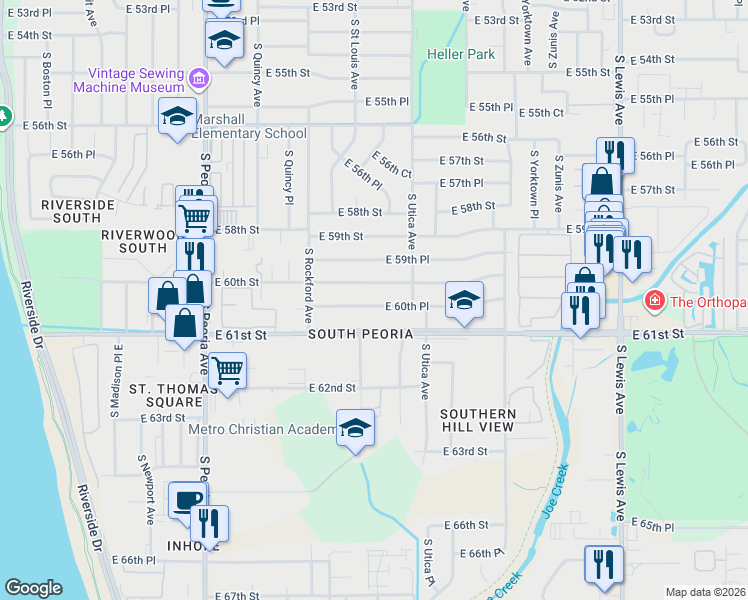 map of restaurants, bars, coffee shops, grocery stores, and more near 1567 East 60th Place in Tulsa