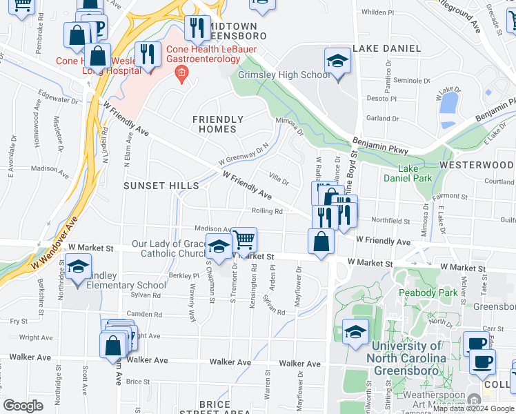 map of restaurants, bars, coffee shops, grocery stores, and more near 1812 Rolling Road in Greensboro