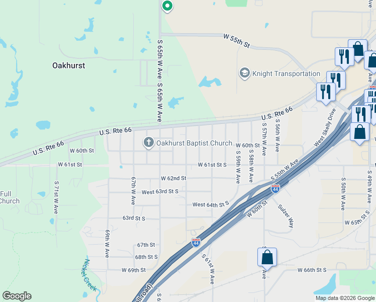 map of restaurants, bars, coffee shops, grocery stores, and more near 6001 South 63rd West Avenue in Tulsa