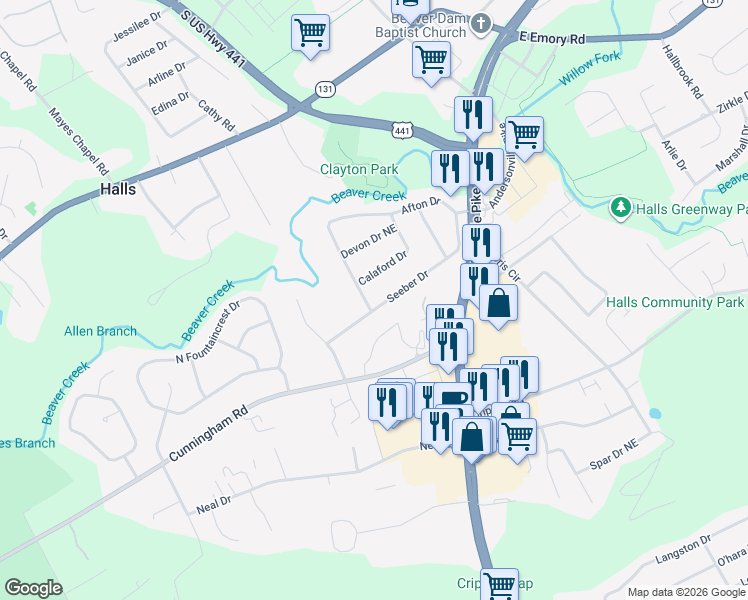 map of restaurants, bars, coffee shops, grocery stores, and more near 3807 Seeber Drive in Knoxville