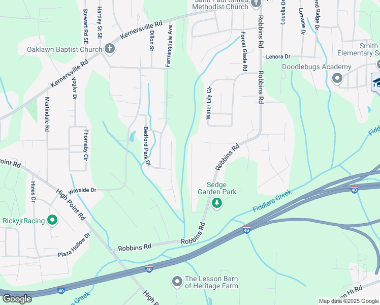 map of restaurants, bars, coffee shops, grocery stores, and more near 3384 Tinley Park Drive in Winston-Salem