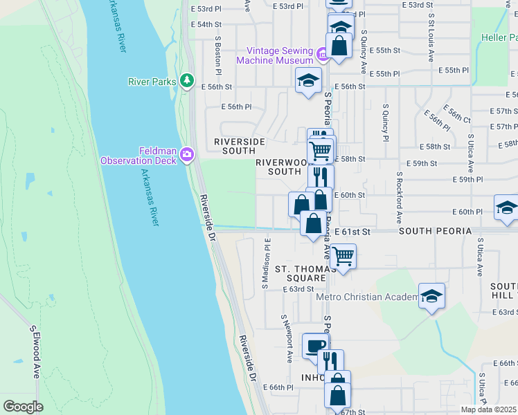 map of restaurants, bars, coffee shops, grocery stores, and more near 6013 South Madison Avenue in Tulsa