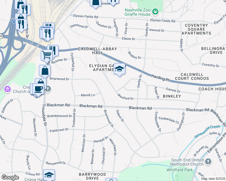 map of restaurants, bars, coffee shops, grocery stores, and more near 401 Wauford Drive in Nashville