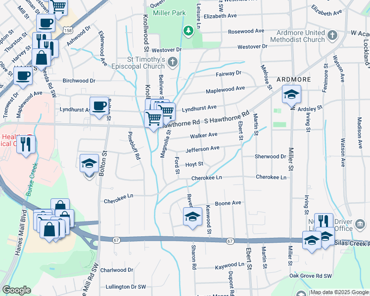 map of restaurants, bars, coffee shops, grocery stores, and more near 2435 Jefferson Avenue in Winston-Salem