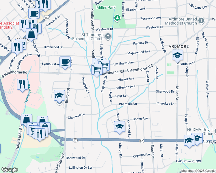 map of restaurants, bars, coffee shops, grocery stores, and more near 2507 Jefferson Avenue in Winston-Salem