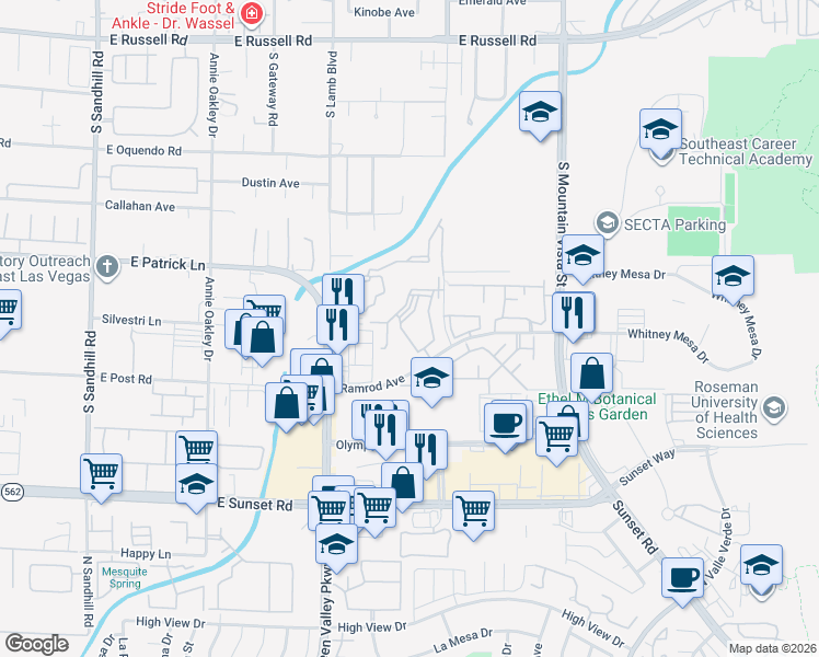 map of restaurants, bars, coffee shops, grocery stores, and more near 2120 Ramrod Avenue in Henderson