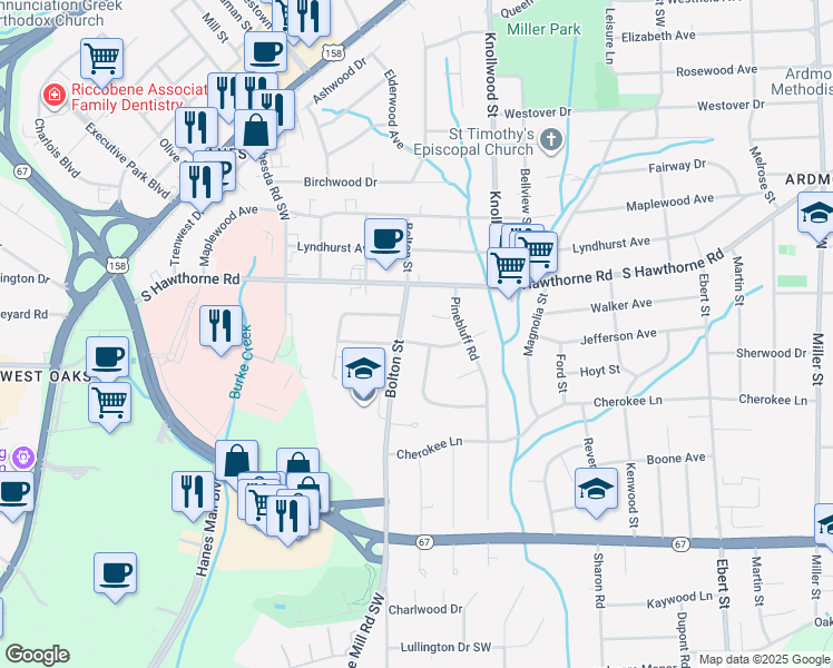 map of restaurants, bars, coffee shops, grocery stores, and more near 2761 Westridge Road in Winston-Salem