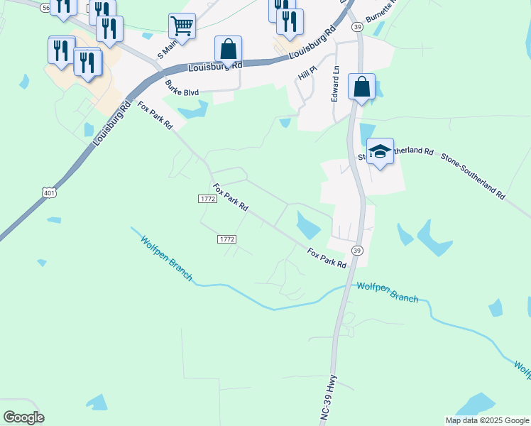 map of restaurants, bars, coffee shops, grocery stores, and more near 206 Fox Park Road in Louisburg