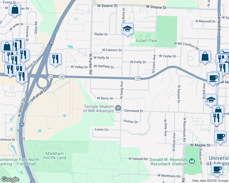 map of restaurants, bars, coffee shops, grocery stores, and more near 2139 West Ora Drive in Fayetteville