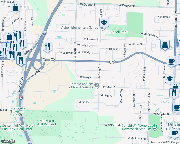 map of restaurants, bars, coffee shops, grocery stores, and more near 2243 West Ora Drive in Fayetteville