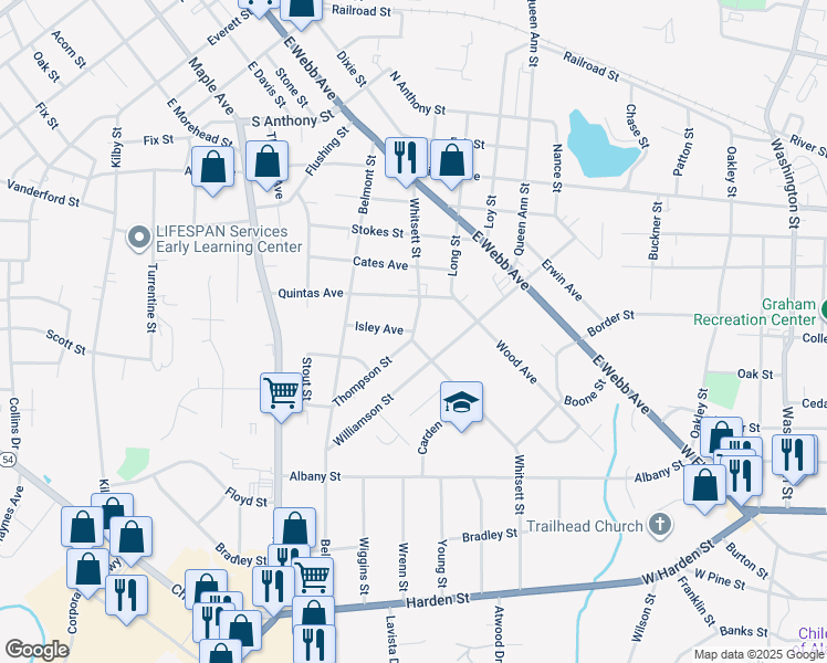 map of restaurants, bars, coffee shops, grocery stores, and more near 300 Isley Avenue in Burlington