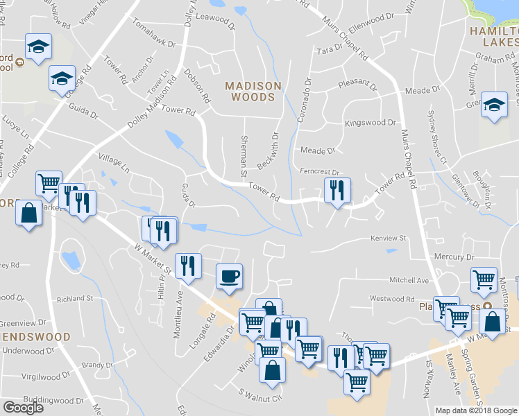 map of restaurants, bars, coffee shops, grocery stores, and more near 5300 Guida Drive in Greensboro