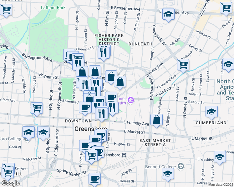 map of restaurants, bars, coffee shops, grocery stores, and more near 305 Church Court in Greensboro