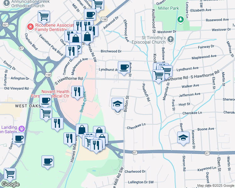 map of restaurants, bars, coffee shops, grocery stores, and more near 2827 Westridge Road in Winston Salem