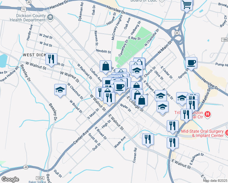 map of restaurants, bars, coffee shops, grocery stores, and more near in Dickson