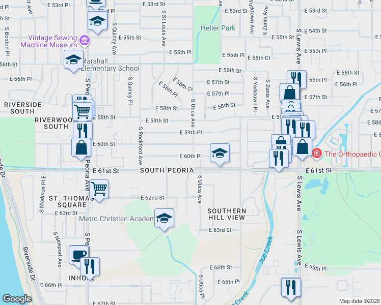 map of restaurants, bars, coffee shops, grocery stores, and more near 1597 E 60th Pl in Tulsa