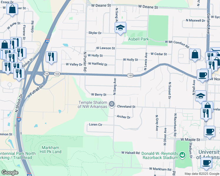 map of restaurants, bars, coffee shops, grocery stores, and more near 2131 West Ora Drive in Fayetteville