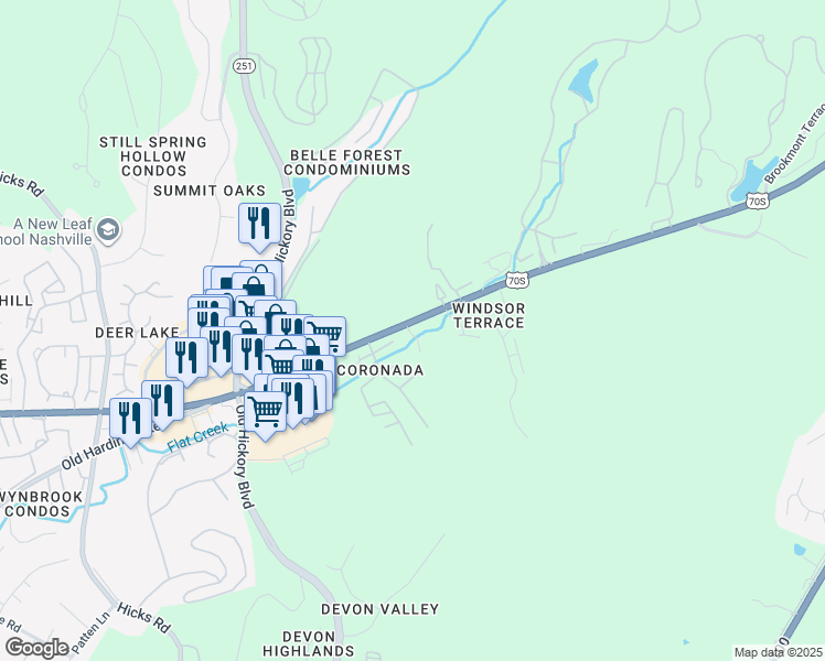 map of restaurants, bars, coffee shops, grocery stores, and more near 6961 Highway 70 South in Nashville