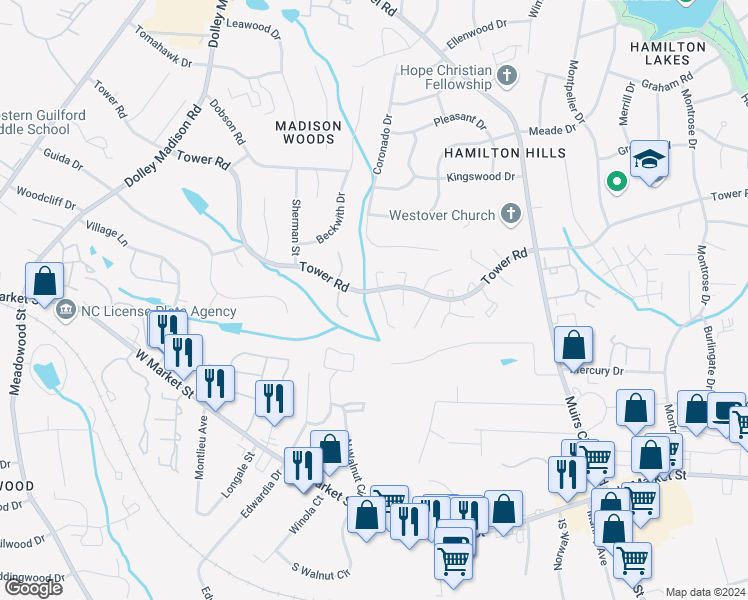 map of restaurants, bars, coffee shops, grocery stores, and more near 4937 Tower Road in Greensboro