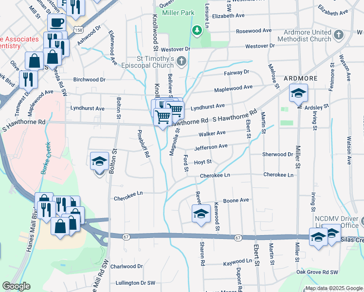 map of restaurants, bars, coffee shops, grocery stores, and more near 2507 Jefferson Avenue in Winston-Salem
