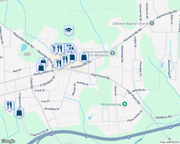 map of restaurants, bars, coffee shops, grocery stores, and more near 3101 High Point Road in Winston-Salem