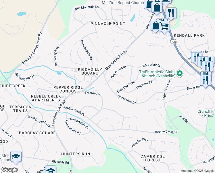 map of restaurants, bars, coffee shops, grocery stores, and more near 865 Dover Glen Drive in Nashville