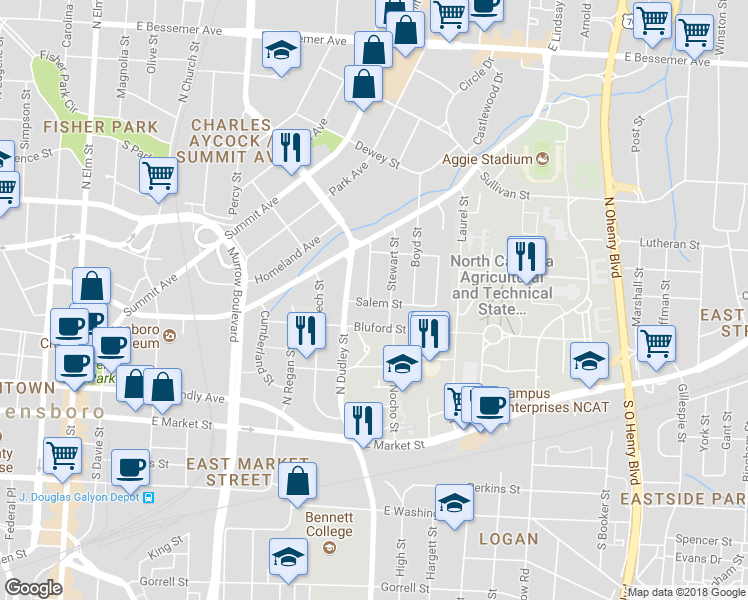 map of restaurants, bars, coffee shops, grocery stores, and more near 400 Banks Street in Greensboro