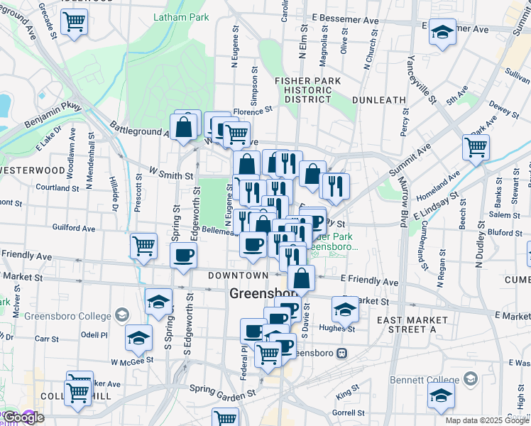 map of restaurants, bars, coffee shops, grocery stores, and more near 318 North Greene Street in Greensboro