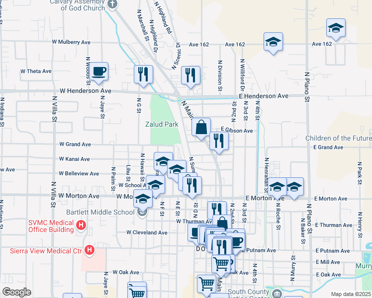 map of restaurants, bars, coffee shops, grocery stores, and more near 633 Loop Drive in Porterville