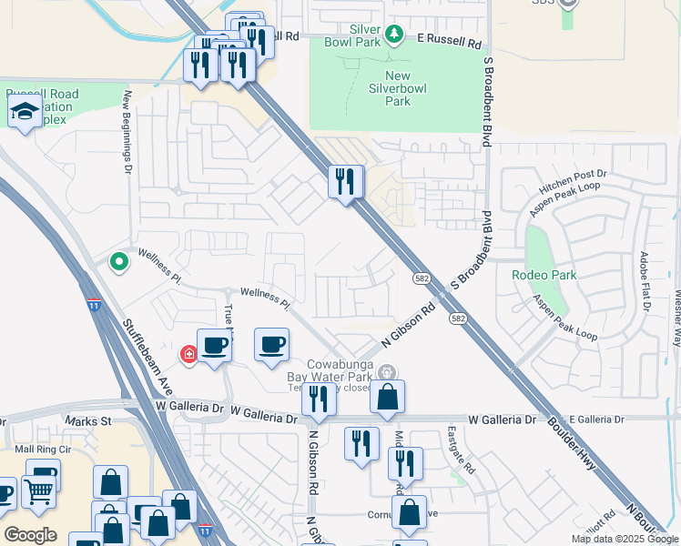 map of restaurants, bars, coffee shops, grocery stores, and more near 6670 Tulip Falls Drive in Henderson