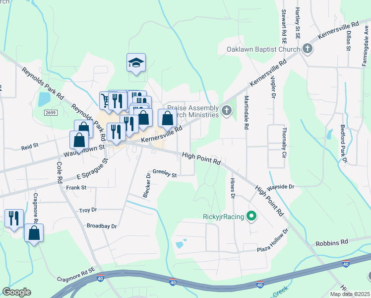 map of restaurants, bars, coffee shops, grocery stores, and more near 3109 High Point Road in Winston-Salem