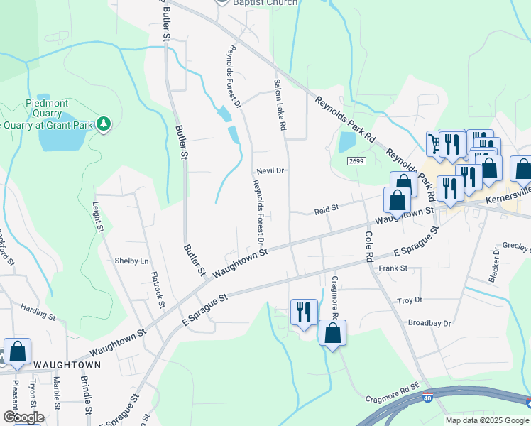 map of restaurants, bars, coffee shops, grocery stores, and more near 1545 Reynolds Forest Drive in Winston-Salem