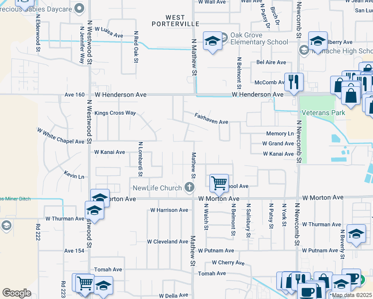map of restaurants, bars, coffee shops, grocery stores, and more near 592 Balmoral Way in Porterville