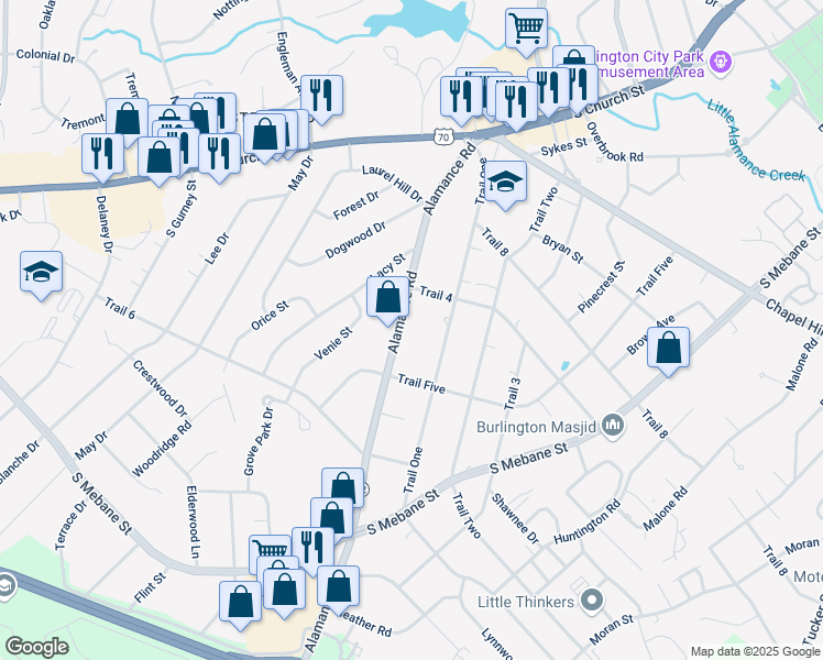 map of restaurants, bars, coffee shops, grocery stores, and more near 411 Alamance Rd in Burlington