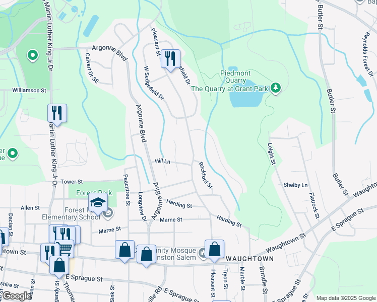 map of restaurants, bars, coffee shops, grocery stores, and more near 1565 Billy Drive in Winston-Salem