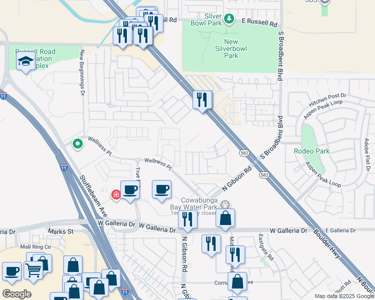 map of restaurants, bars, coffee shops, grocery stores, and more near 6620 Tulip Falls Drive in Henderson