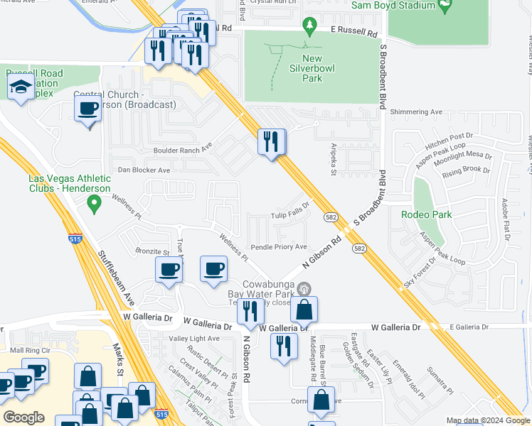 map of restaurants, bars, coffee shops, grocery stores, and more near 6670 Tulip Falls Drive in Henderson