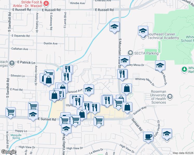 map of restaurants, bars, coffee shops, grocery stores, and more near 2096 Ramrod Avenue in Henderson